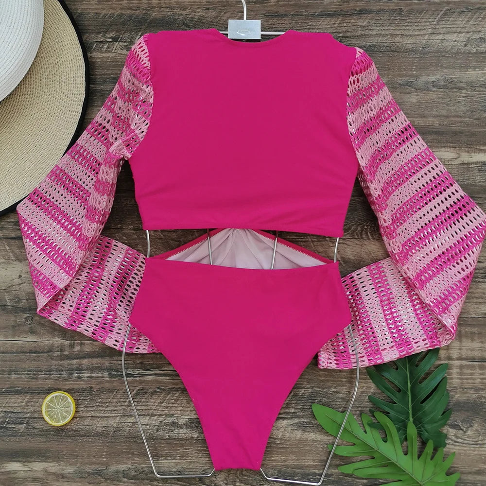 One Piece Swimsuit Sexy Long Sleeve Tropical Print Swimwear Women Bandage Monokini Hollow Out Bathing Suit String Beachwear 2023