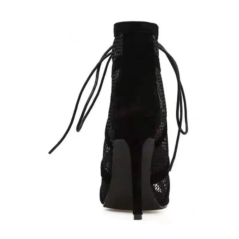 Black Sexy Lace Up Cross-tied Women Shoes Comfort High Quality Thin Heels Open Toe Dancing Sandals Ankle Strap Hollow Out Pumps