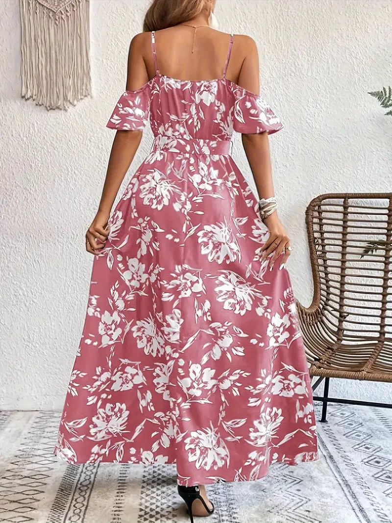 New Summer Women Print Dress 2025 Fashion ElegantVacation Party Short Sleeve Slim V-neck Slit Long Dresses Vestidos Para Mujer