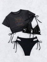 2026 Black Crop Top Swimwear Women Summer Sexy Beachwear Mesh Short Sleeve Cover Ups Top Three Piece Swimsuit Lace Up Bikini Set