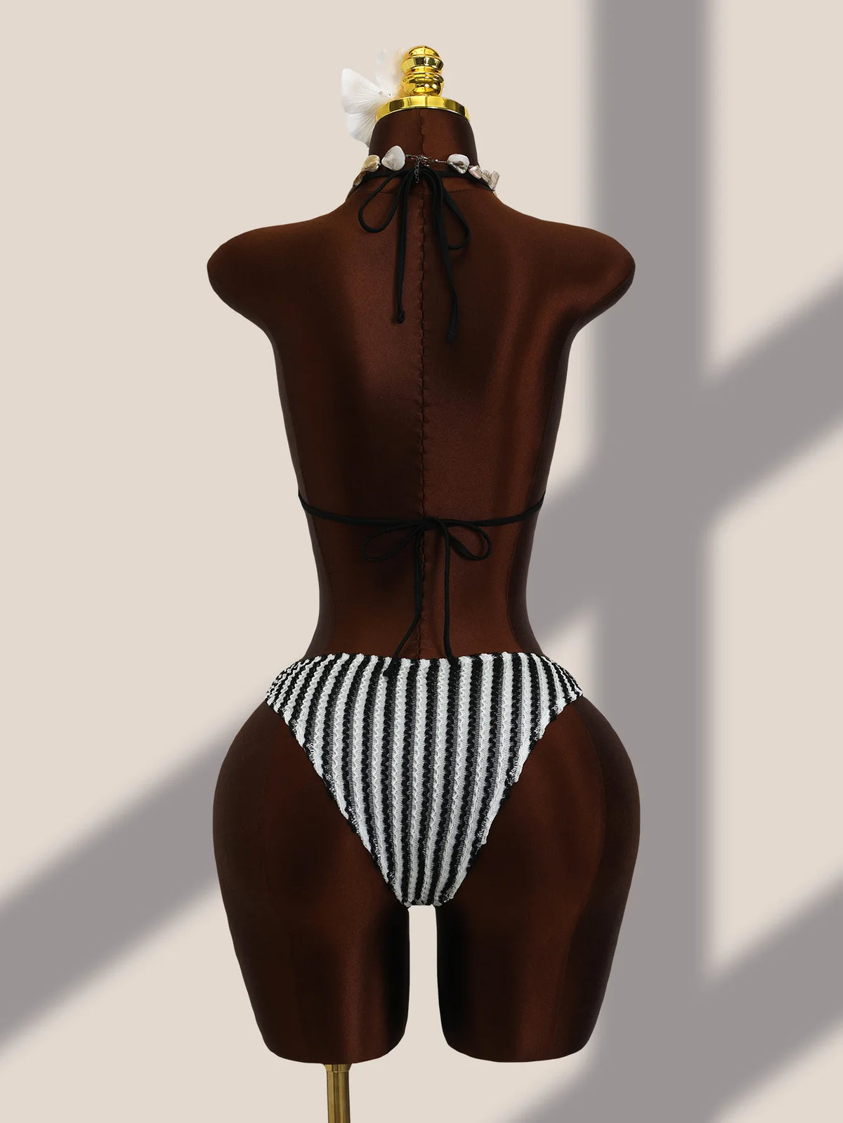 Vintage Black Striped One Piece Swimwear Women 2026 3D Metal Flower Hollow Out Backless Beach Holiday Bathing Suit Swimsuit