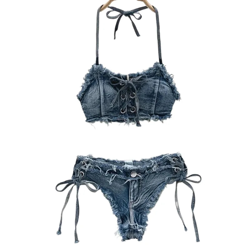 Bathing Suit Women Sexy Denim Suits Bikini Set Lace Up Drawstring Beachwear 2025 Solid Summer Vintage Two-pieces Swimwear