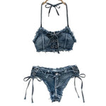 Bathing Suit Women Sexy Denim Suits Bikini Set Lace Up Drawstring Beachwear 2025 Solid Summer Vintage Two-pieces Swimwear