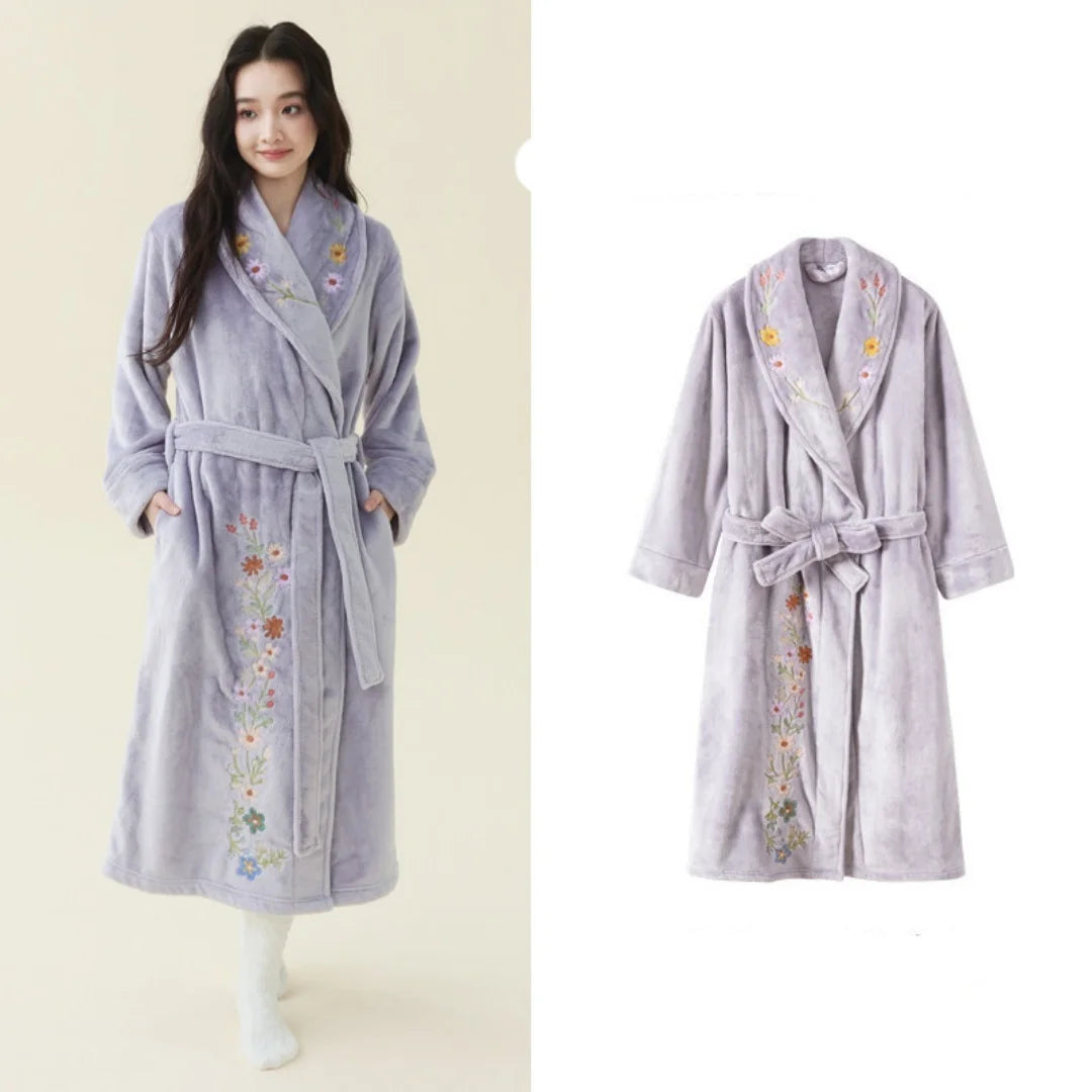 Ladies Elegant Premium Embroidered Coral Fleece Bathrobe Thick Extra Long Warm Winter Bridal Home Dressing Gown Sleepwear