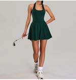 Summer Sleeveless Halter Slim Tennis Dress Women Sexy 2-in-1 Hollow Backless Golf Sports Dresses Outdoor Running Fitness Skirt