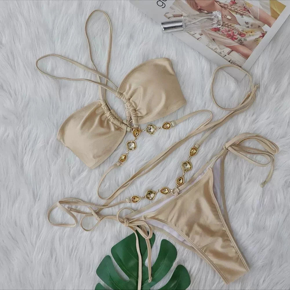 DEKA Brazilian Diamond Bikini Set Women Halter Blue Swimwear Female Swimsuit Bandage Bikini SetBathing Suit Swim Beach Wear