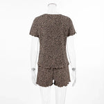 Women Leopard Print Pleated Pajama Set Ruffle Short Sleeve Crop Top Elastic High Waist Shorts Soft Casual Loungewear Sleepwear