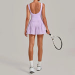 Naked Fake Two Piece Tennis Dresses with Pocket Bottom Women Back Hollow Out Pleate Skirts Outwear Square Collar Golf Yoga Dress