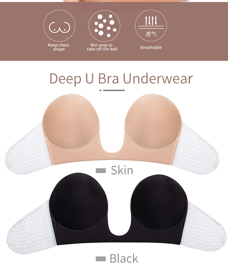 Invisible Push Up Bra Strapless Bras Dress Wedding Party Sticky Self-adhesive Silicone Brassiere Breathable Deep U Bra Underwear