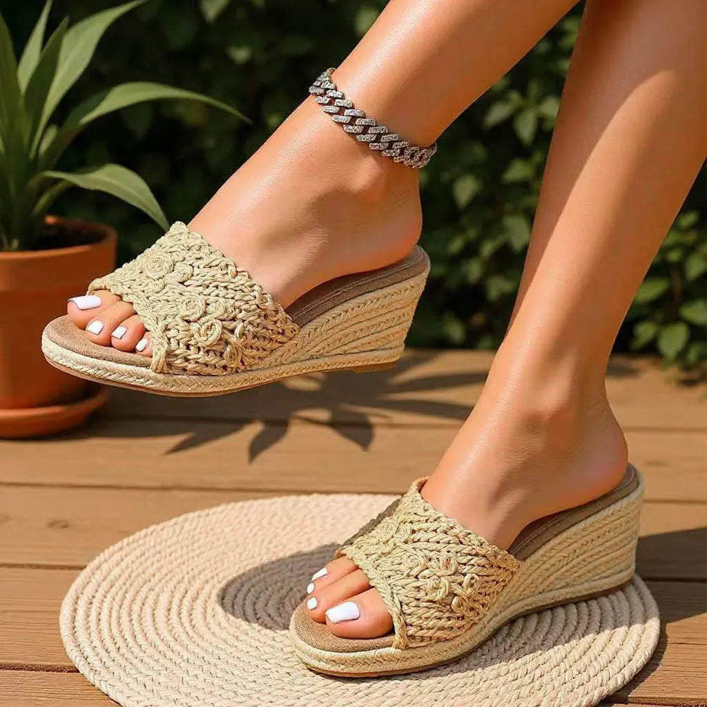 EUR Size 45 Leisure Espadrille Wedge Sandals Women Cherry Summer High Heels Shoes Beach Vacation Platform Ankle Strap Sandals