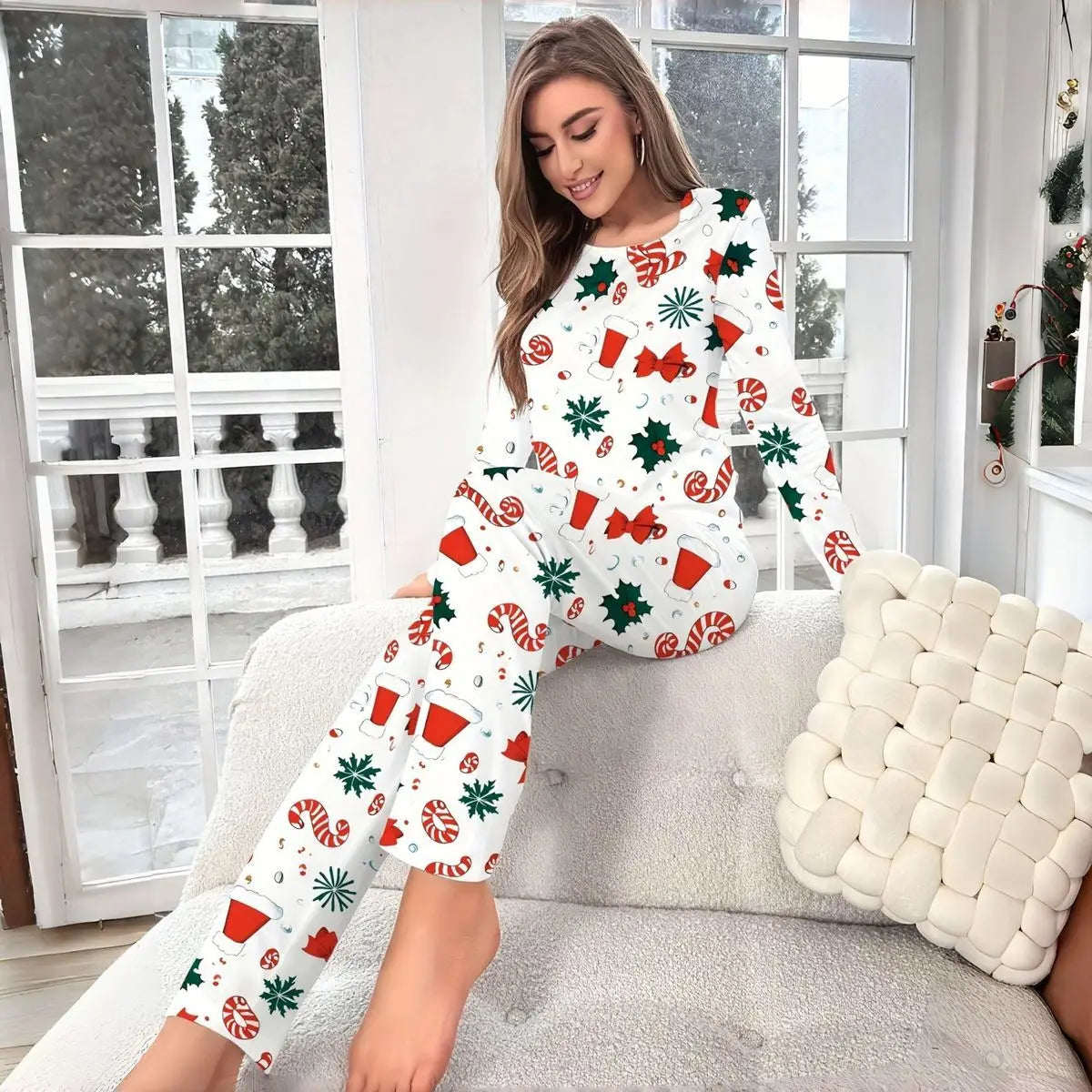 Women's Christmas Pajamas Set Autumn Winter Floral Printed Long Sleeve T-shirt and Long Pants Suit Loungewear Sleepwear