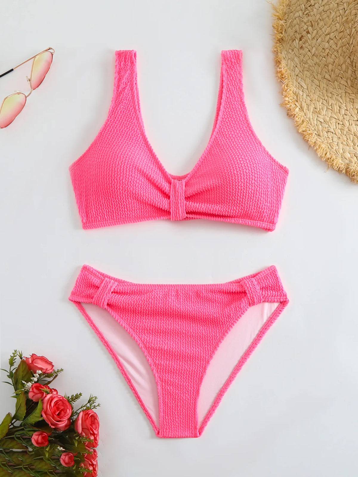 2026 Summer New Women's 2 Piece Swimsuit Solid Color High Waist Bikini Set V-neck Backless Beach Vacation Bathing Suit Swimwear