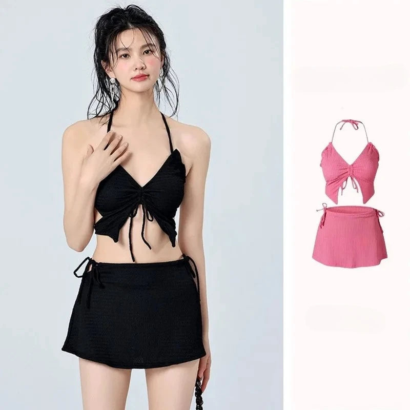 Vacation Beach Ins Rose Red Bikini Three Piece Swimsuit Women's Small Chest Internet Famous Swimsuit Butterfly Sexy Spicy Girl