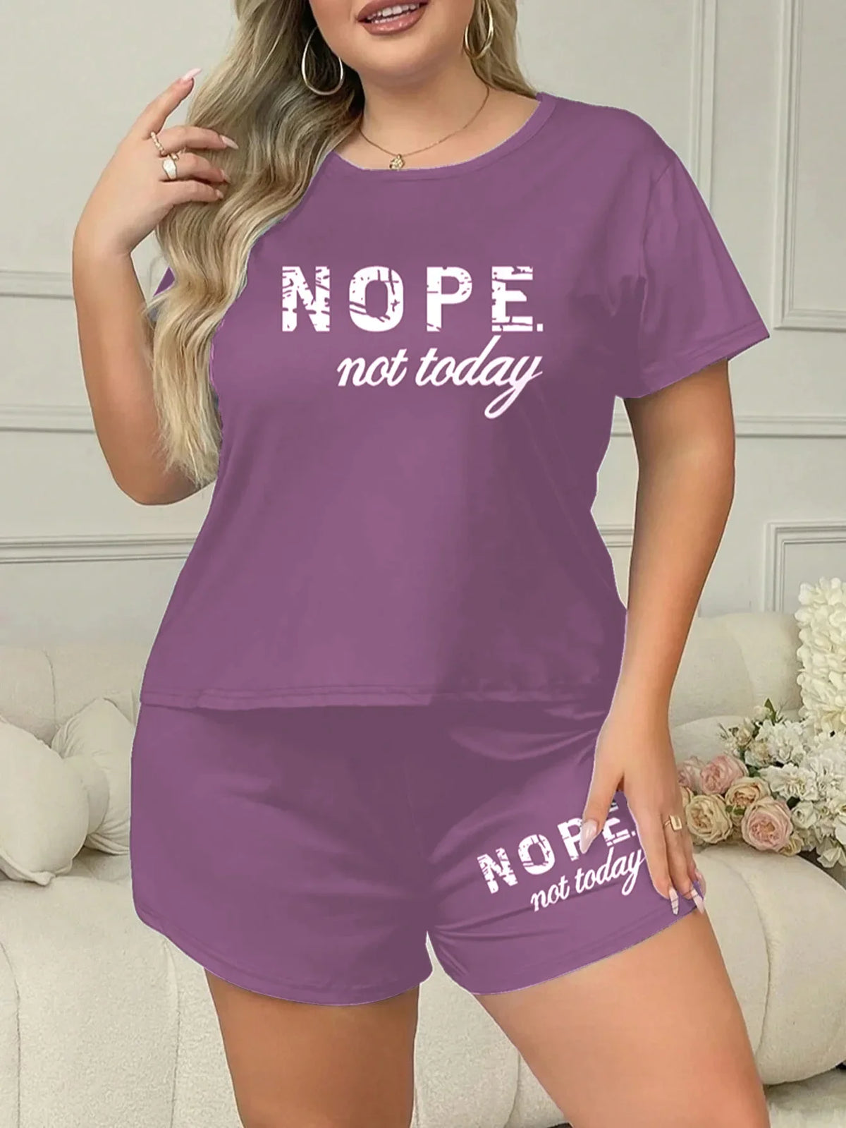 Plus Size 3XL 4XL 5XL Casual Loungewear Letters Print Pajamas Set Women's Short Sleeve Tee And Elastic Shorts Homewear