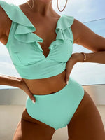 Solid Color Sexy V-neck Ruffle Bikini 2026 Women 2 Piece Swimwear Push Up Padded High Waist Swimsuit Summer Beach Bathing Suit