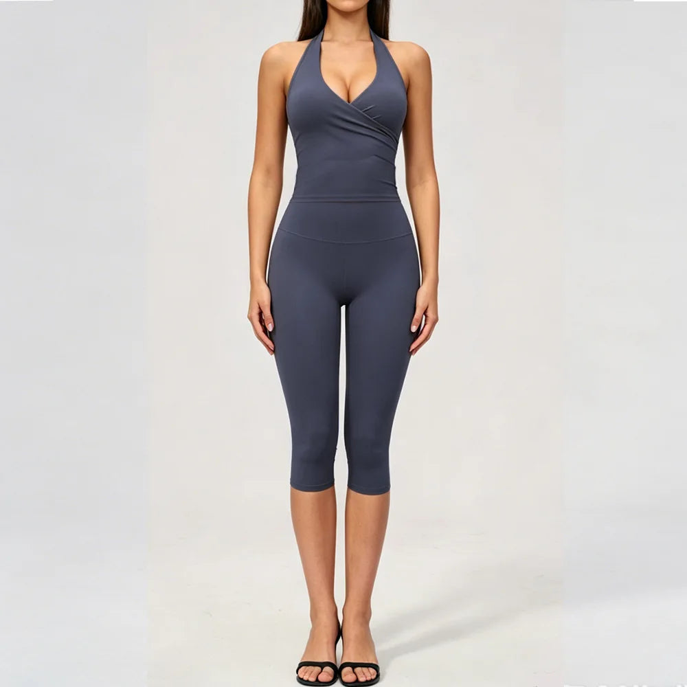 2PCS Workout Set Women Yoga Sets V Neck Cross Slim Sports Tank Top Athletic Wear Outdoor Tight High Waist Leggings Fitness Suits