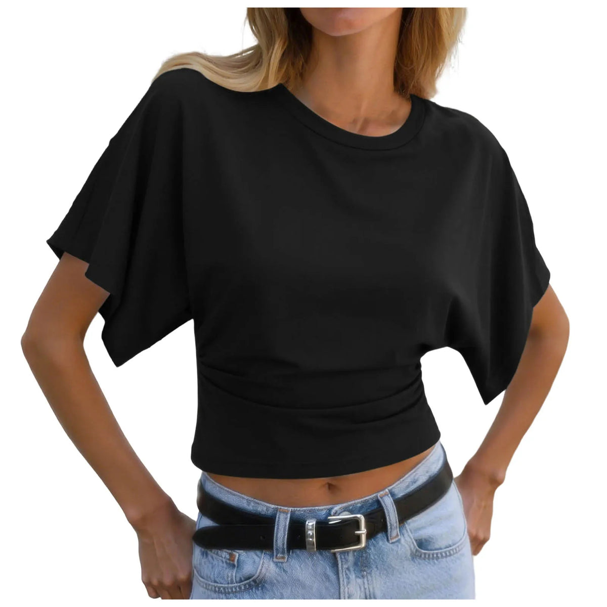 Y2k Solid Cotton O-Neck Ruched Waist Short Top Women Short-Sleeved Loose T-Shirt Causal All-Match Short Summer Basic T Shirts