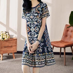 Summer Women Dress Half Sleeves Round Neck Retro Print A-line Big Hem Knee Length Loose Casual Daily Wear Vacation Midi Dress