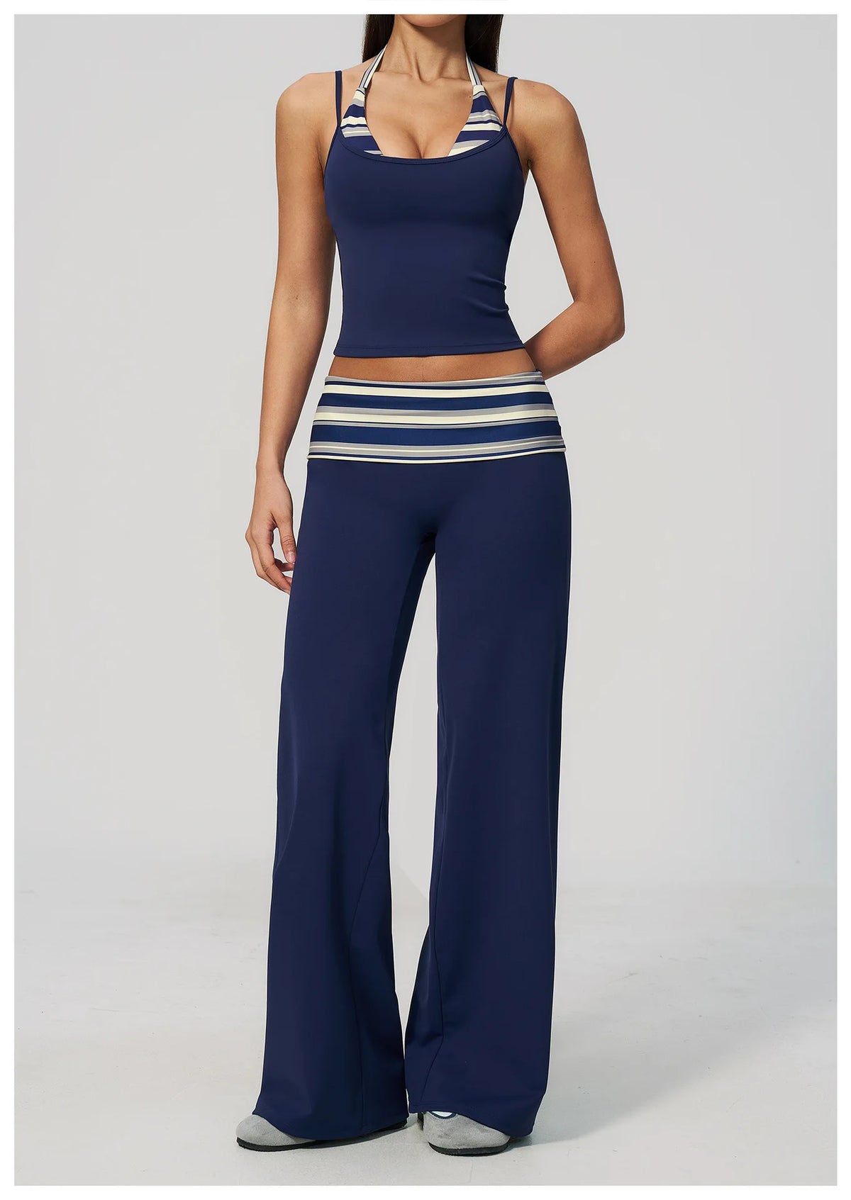 Women's 2 Piece Yoga Set Halter Neck Crop Top Fold Over Waist Wide Legged Flare Trousers Polka Dot Striped Gym Workout Running