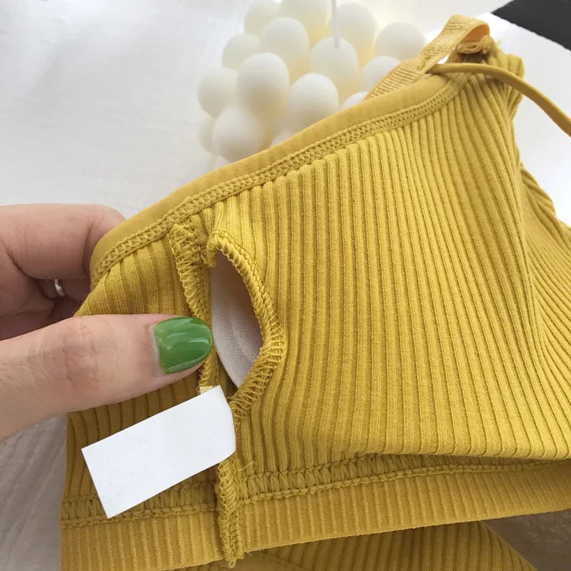 Women Ribbed Knit Bra Front Cutout V Neck Wireless Bralette Fixed Thin Spaghetti Straps Underwear Skin-Friendly Cotton Inner Top
