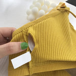 Women Ribbed Knit Bra Front Cutout V Neck Wireless Bralette Fixed Thin Spaghetti Straps Underwear Skin-Friendly Cotton Inner Top