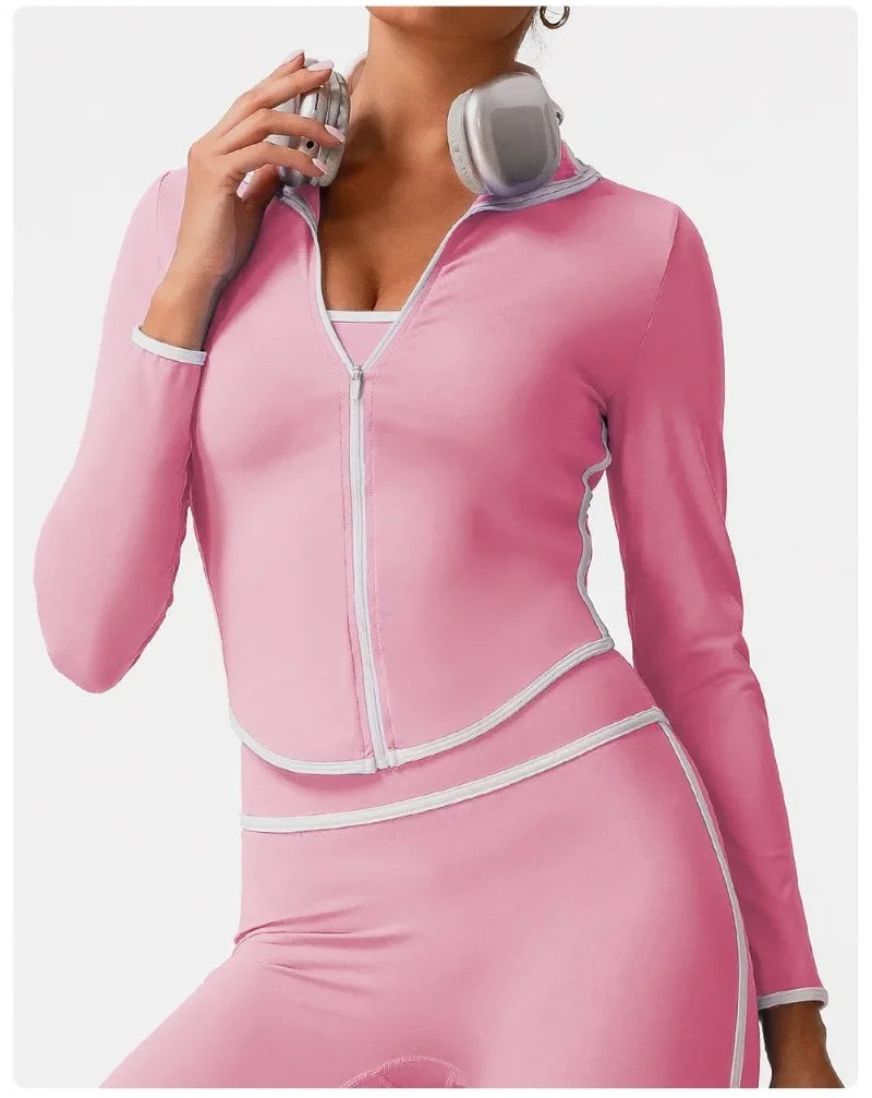 Women's Yoga Top Color-Block Zipper Stand Collar Bare Jacket Autumn Winter Outerwear Running Fitness Long Sleeve Coat