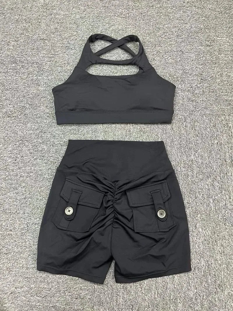 Seamless Yoga Sets Sports Fitness Peach Hip-lifting Pocket Shorts Cross Beauty Back Vest Suits Workout Gym Shorts Sets for Women