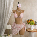 Vintage Pink Mesh Skirt 3 Piece Bikini Set Women Stone Strap Push Up Bra Triangle Swimsuit Holiday Bathing Suit Swimwear 2026
