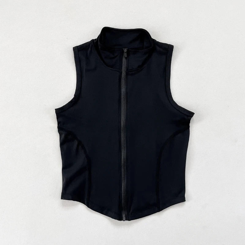 Summer Stand-Up Collar Zipper Sleeveless Vest Women'S Elastic Slim Fit, Quick-Drying, Fitness, Outdoor Sports, Versatile Top