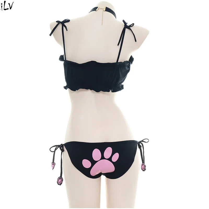 Japanese Anime Cat Cosplay Uniform Bra Panties Set Women Intimates Kawaii Lolita Hollow Out Sexy Lingerie Underwear Set