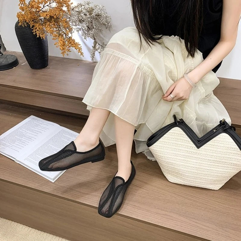 Soft Sole Super Soft 2026 Hollow-out Mesh Summer Slip-on Flat Square-toeShoes for Women