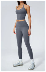 Women Tracksuit 2PCS Seamless Yoga Sets Hanging V Neck Slim Sports Tank Top Fitness Outfits Gym Running High Waist Leggings Suit