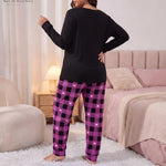 Women Plus Size Milk Silk Pajama Set Plaid Letter Print Long Sleeve Autumn Winter Ladies Casual Home Sleepwear