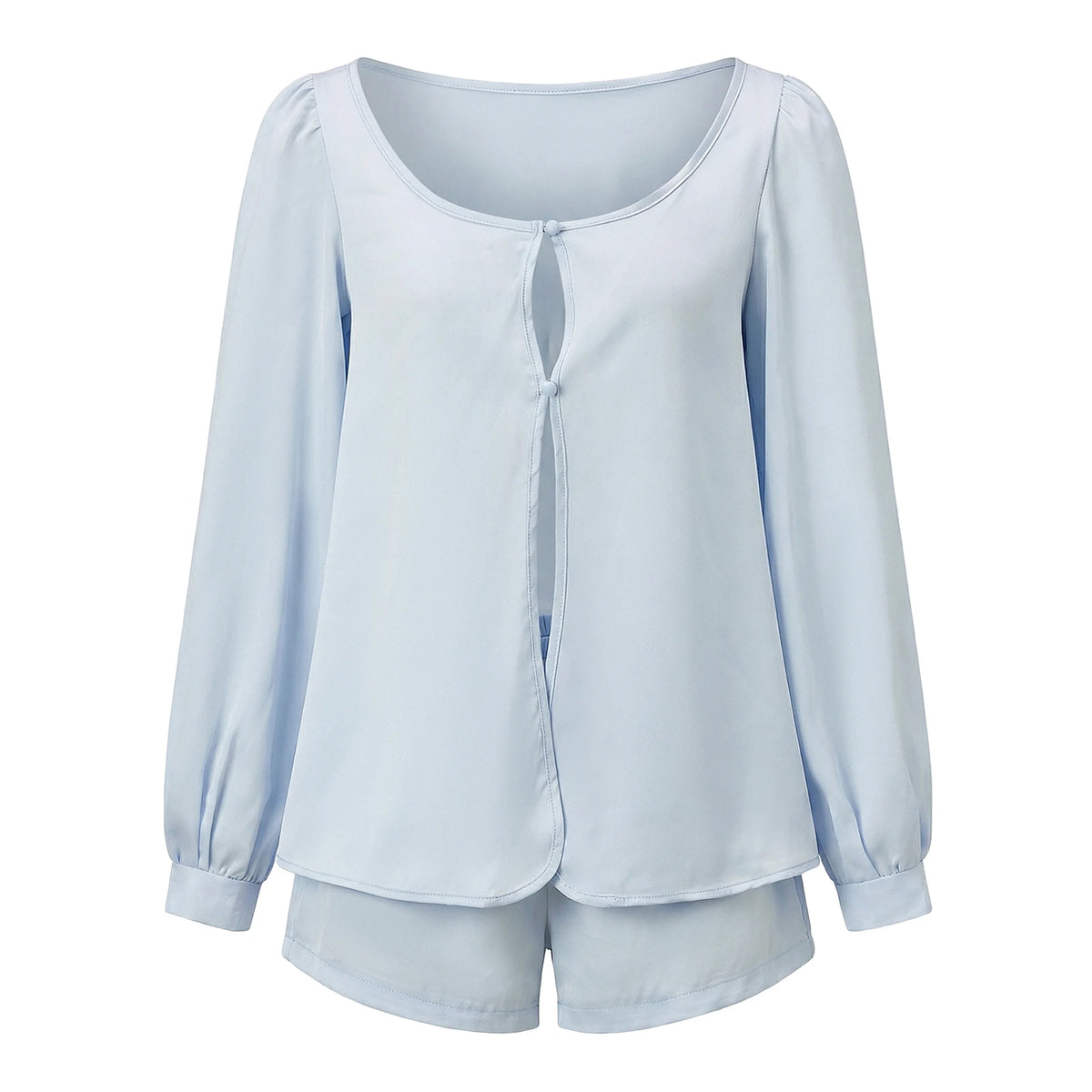 Women’s Casual 2 Piece Outfits Long Lantern Sleeve Button Down Tops + Shorts Set Solid Color Loose Suits