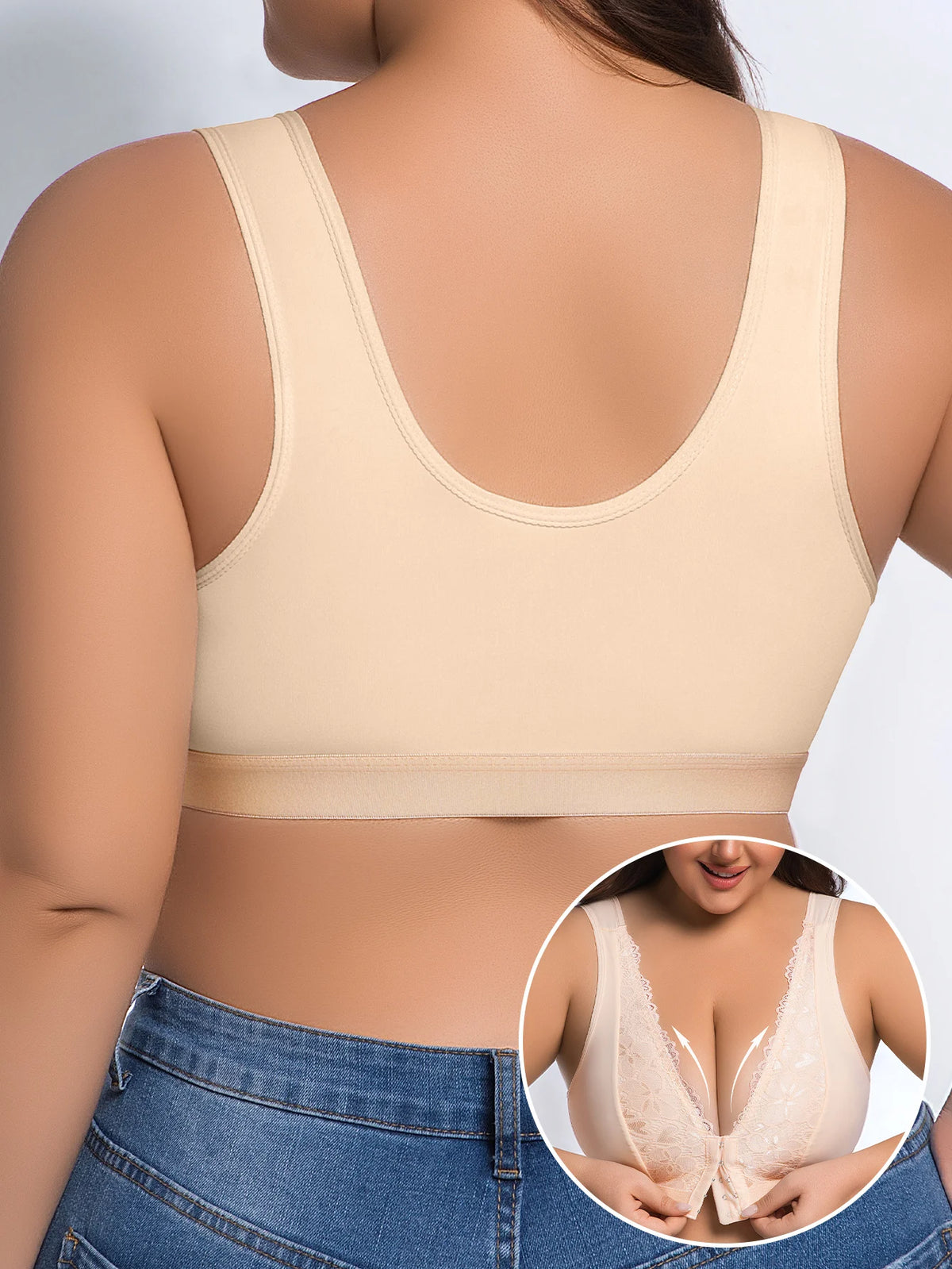 Wire-Free Plus Size Yoga Sports Bra, Wide Strap Front Buckle, Jacquard Lace, Shockproof Support Push Up Bra For Big Bust Women