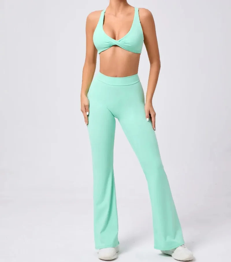 Women's Seamless Yoga Sets Brushed Fabric Flared Hip-Lifting Pants Cross Beauty Back Bra Suits Gym Workout Fitness Training Sets