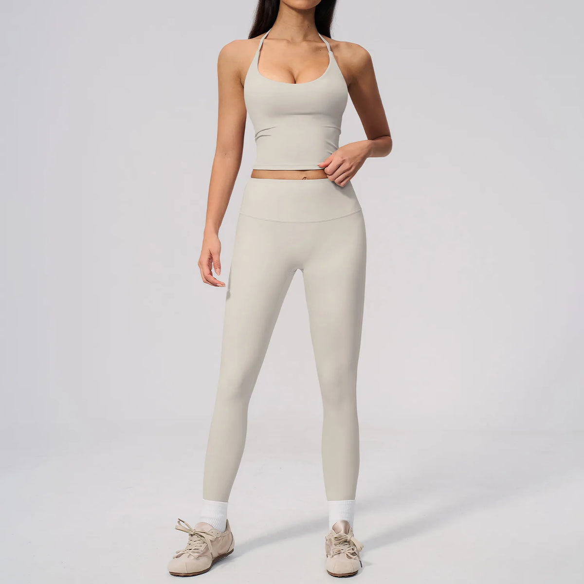 Women Tracksuit 2PCS Seamless Yoga Sets Hanging V Neck Slim Sports Tank Top Fitness Outfits Gym Running High Waist Leggings Suit
