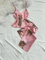 Summer Ice Silk Stain Comfortable Pajamas Set for Women 2pcs V Neck Leopard Print Tops and Long Pants Loungewear Sleepwear
