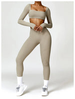Hearuisavy Summer 2PCS Long Sleeve Gym Set Women Yoga Clothes Quick-Drying Sportswear Running Leggings Workout Sports Crop Top