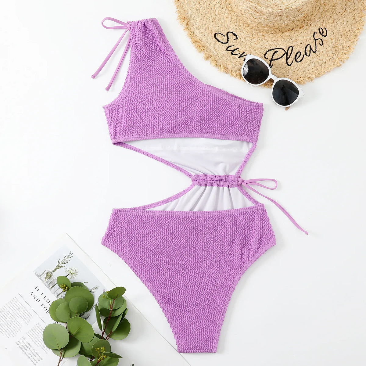 One Shoulder Women's Swimsuit One Piece Cut Out Sexy Swimwear Women 2022 Textured Monokini Solid Bathing Suit Beach Wear Purple