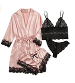 4pcs Women Striped Lingerie Set Lace Trim Robe Camisole Shorts Panties Nightwear Sleepwear Homewear Sexy Pajamas Outfit