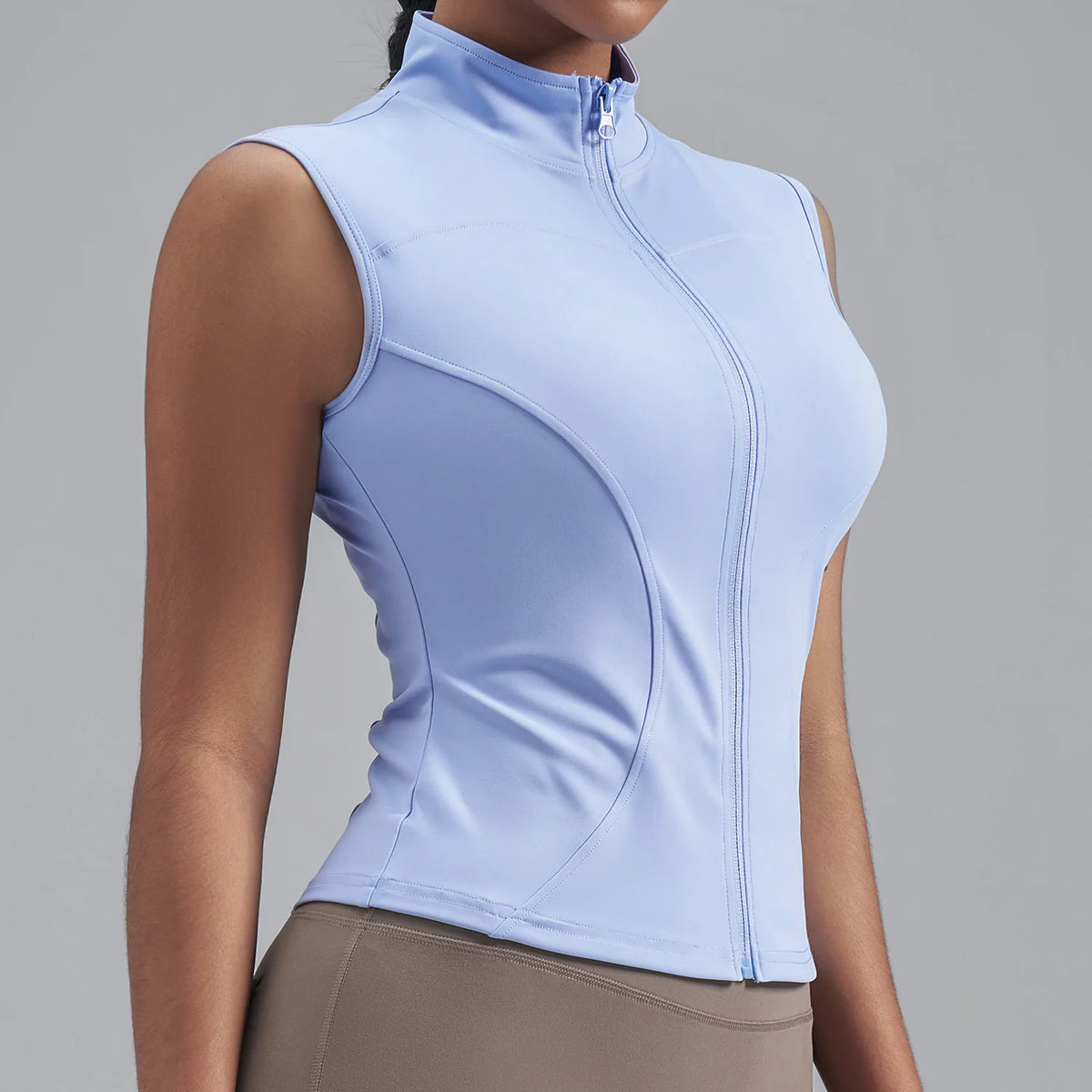 Women Zipper Yoga Shirts Solid Stand Up Collar Elastic Slim Fit Sports Jacket Breathable Sleeveless Sunscreen Workout Clothes