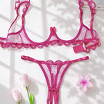 Sexy Women Bra Set Rose Red Mesh Lingerie Three-point Intimate Underwear Bow Underwire Bralette Crotchless Thong Lingerie Set