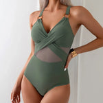 Mesh One Piece Swimsuit Women Swimwear Padded Tummy Control Swimming Suit Monokini Bodysuit Beach Wear Bathing Suit Black Green