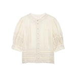 Women's Fashion Lace Romantic Style Shirt Women White Lace Trim Puff Sleeve Neck Button Front Casual Shirt For Daily Wear RJWE