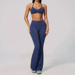 Summer Fitness Suit Women Seamless Hanging Neck Pleate Sports Bra Yoga Sets High Waist Wide Leg Leggings Running Athletic Wear