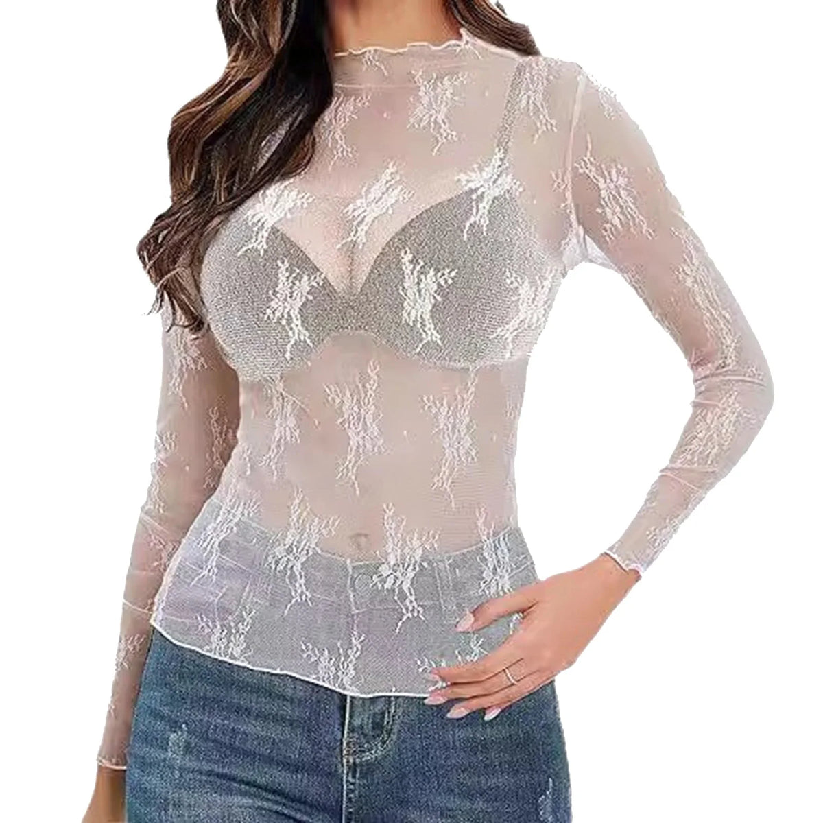 Women Mesh Bottoming Shirt See through O Neck Long Sleeve Lady Blouse Slim Fit Sexy Clear Sun Gauze Tops