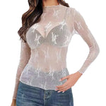 Women Mesh Bottoming Shirt See through O Neck Long Sleeve Lady Blouse Slim Fit Sexy Clear Sun Gauze Tops