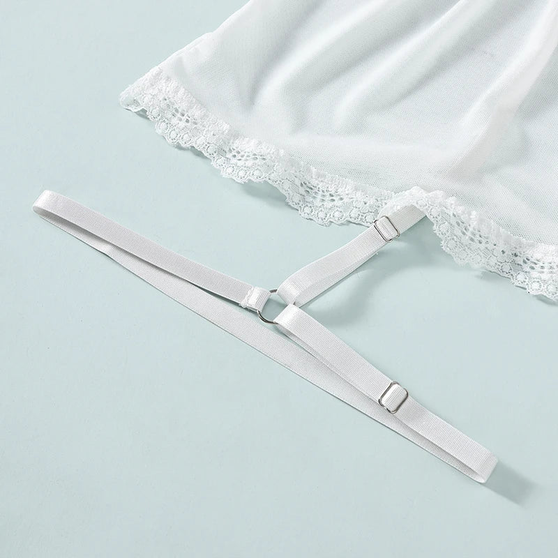 Sexy WhiteTulle Nightdress Woman Lingerie & ThongV-neck Open Sleep Skirt Erotic Pajamas Garter Dress Set See Through Nightwear