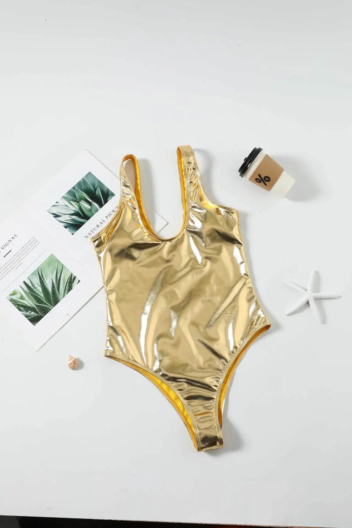 Sexy Gold Leather Swimsuit 2026 Women Shiny Padded Beach One Piece Swimwear Summer Bathing Suit Slim Tummy Control Monokini